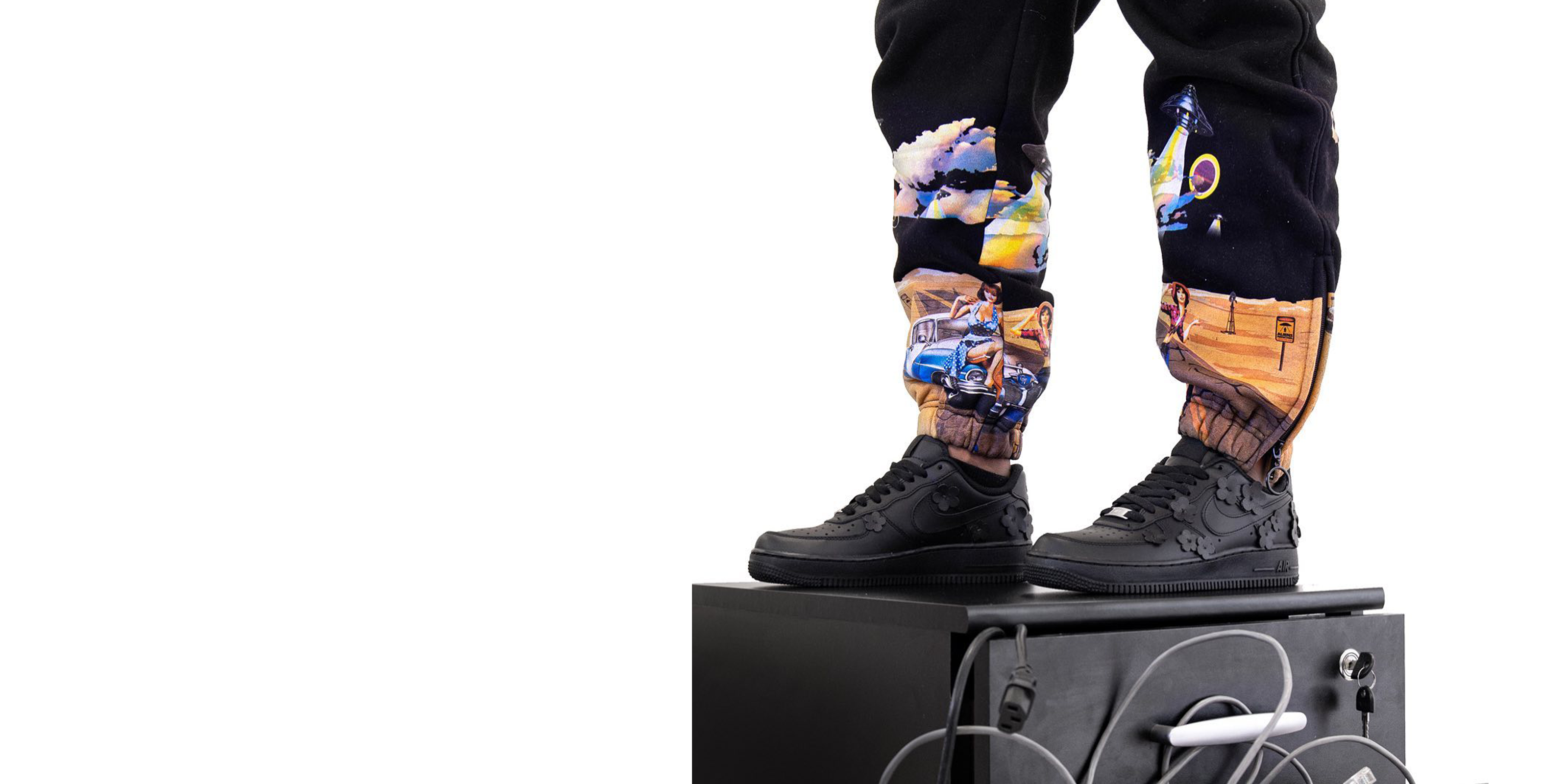 Wearing custom AF1s stood on box